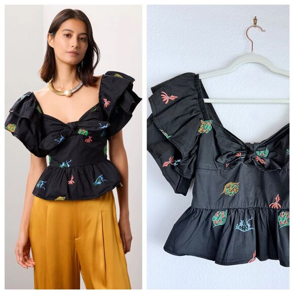 Hofmann Copenhagen Mikela Embroidered Tie Front Blouse in Black Size 36 (US 4) - Picture 1 of 14